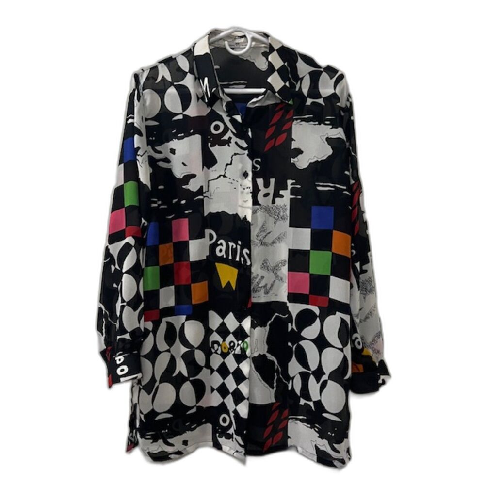 Pierre Balmain Paris Womens 2 Black Multicolor Geo Print Long Tunic Blouse